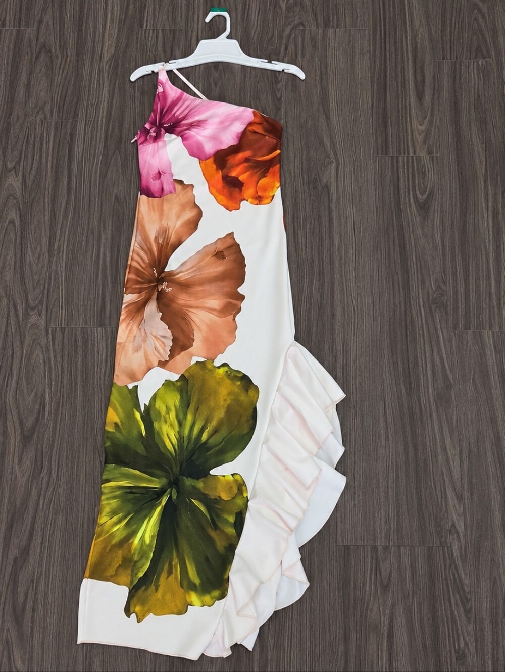 Floral One-Shoulder Ruffle Maxi Skirt - White with Pink, Orange, Brown, Green